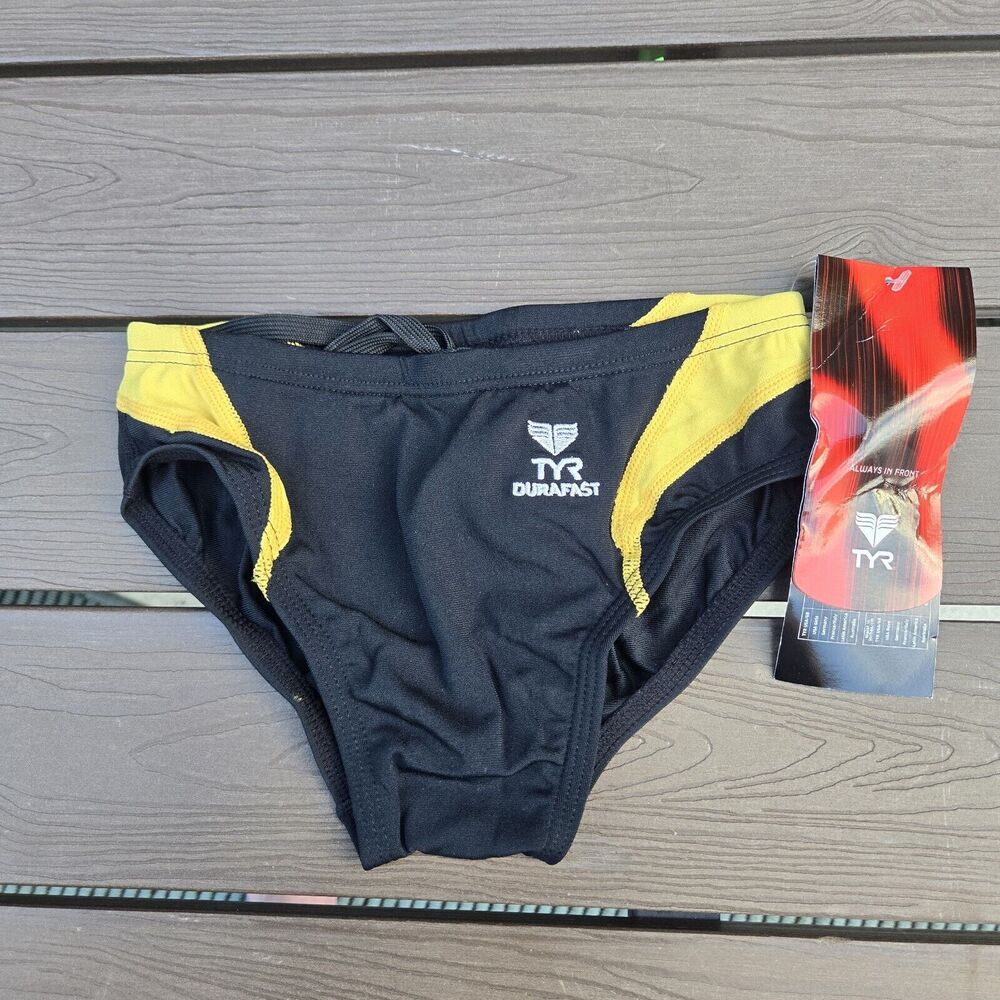TYR Durafast Solid Splice Swimwear Boy Black/gold Racer Brief Size 24 New